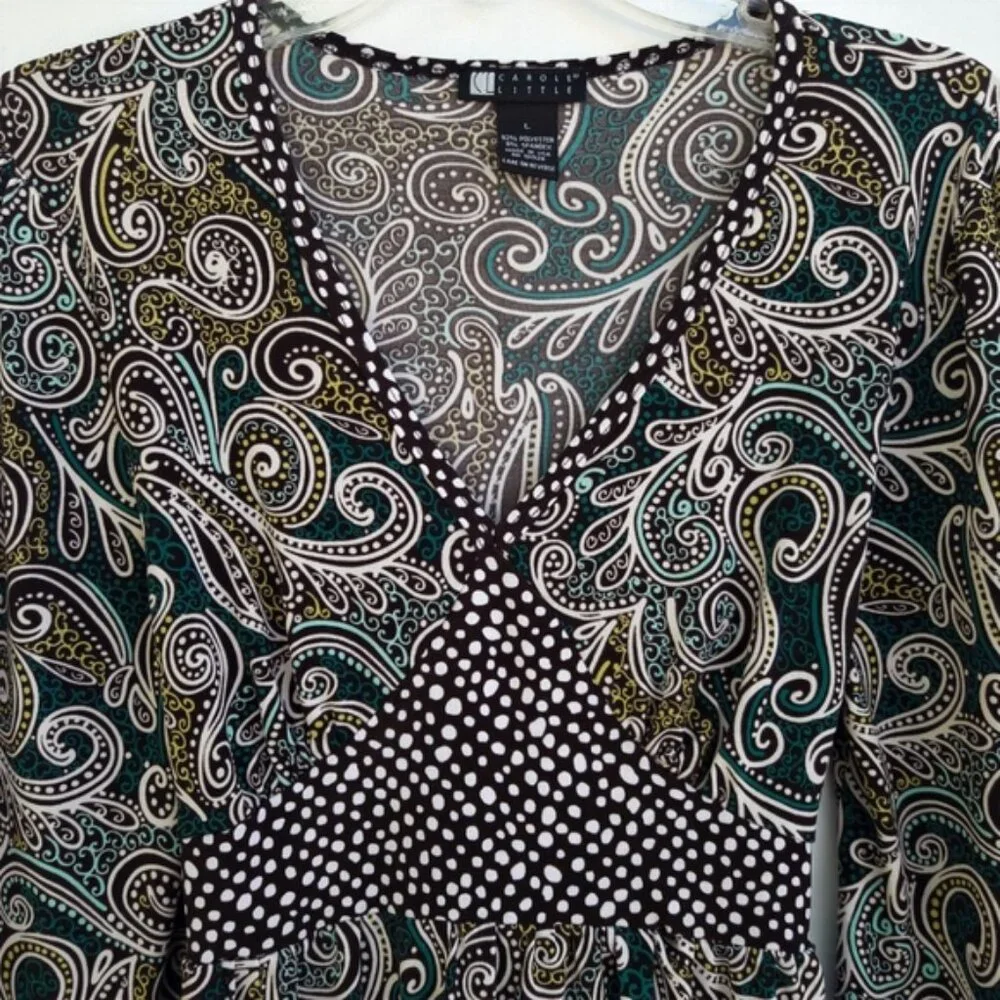 Vintage USA Carole Little Blouse Mixed Contrast Paisley Polka Dot Tie Back L